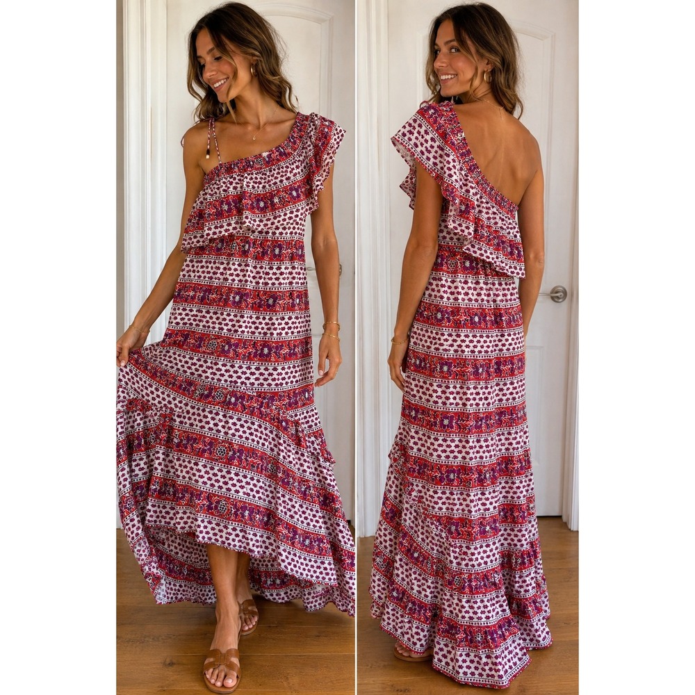 Antik Batik‎ Red Purple Floral One Shoulder Ruffle Maxi Dress Women XS 36 Boho
